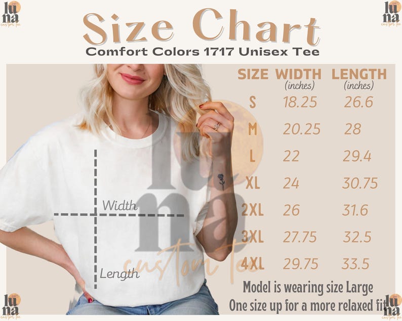 The image is a size chart for a 1717 unisex t-shirt, showing the width and length measurements for different sizes.