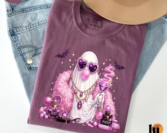 Comfort Colors® Spooky Bubble Ghost Shirt, Pink Aesthetic Halloween Tee, Y2K Ghost Sunglasses Fur Coat, Cute Spooky Season Shirt