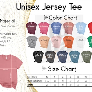 The image is a collage of various colored t-shirts, along with a color chart and a size chart, providing information about the materials, colors, and sizes of the t-shirts.