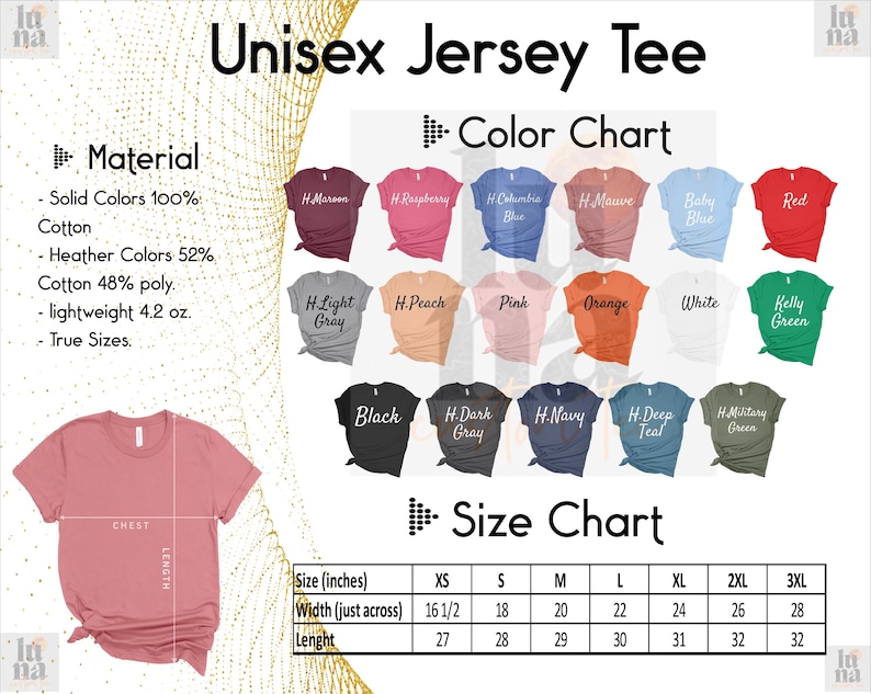 The image is a collage of various colored t-shirts, along with a color chart and a size chart, providing information about the materials, colors, and sizes of the t-shirts.
