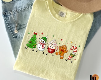 Christmas Doodles Shirt, Cute Snowman Gingerbread Candy Cane Tree Tee, Festive Holiday Graphic T-Shirt, Cozy Winter Christmas Gift