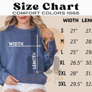 a woman wearing a blue sweatshirt with measurements and sizes listed below it.