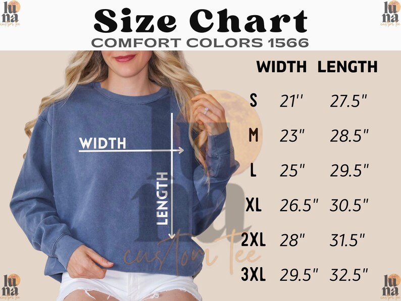 a woman wearing a blue sweatshirt with measurements and sizes listed below it.