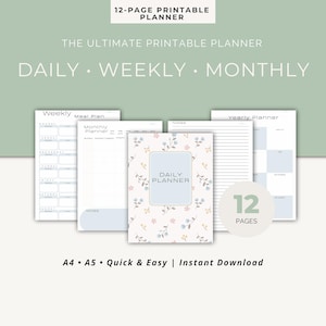 Daily, Weekly and Monthly Planner Printable Pages | PDF Personal Planner Inserts A4 A5 | Instant Download | Organiser | Shopping List Meal