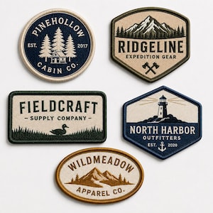Peut inclure: Cinq écussons brodés aux thèmes de plein air. En haut à gauche : écusson circulaire Pinehollow Cabin Co. En haut à droite : écusson en forme de bouclier Ridgeline Expedition Gear. Au milieu à gauche : écusson rectangulaire Fieldcraft Supply Company. Au milieu à droite : écusson hexagonal North Harbor Outfitters. En bas : écusson ovale Wildmeadow Apparel Co.