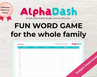 Juego de palabras AlphaDash, preguntas y respuestas familiares, cuestionario imprimible (descarga digital)