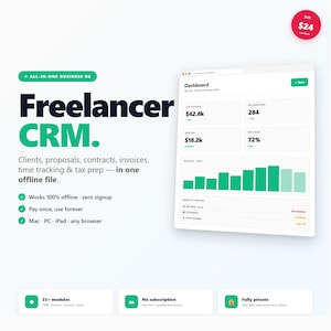 May include: Promotional image for Freelancer CRM, an all-in-one business OS. The image shows a dashboard interface with financial data, including revenue and billable hours. Text highlights features like offline functionality and no subscription.