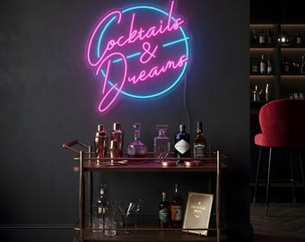 Cocktails and Dreams Neon Sign - LED Bar Decor for Home Pub & Man Cave - Retro Cocktail Party Wall Light - Restaurant Art - Bartender Gift