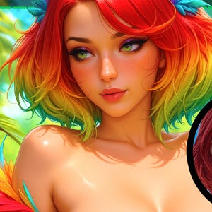 May include: A digital illustration of a woman with vibrant rainbow-colored hair and green eyes, set against a lush, tropical background with colorful birds. A smaller portrait with the name "Coomette" is in the lower right corner.