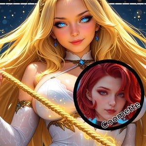Peut inclure: Illustration numérique d'une femme aux longs cheveux blonds, aux yeux bleus et aux ailes blanches. Elle porte une robe blanche et tient une corde dorée. Une image circulaire d'une femme aux cheveux roux et le nom "Coomette" est en bas à droite.