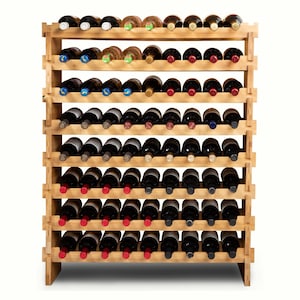 May include: A wooden wine rack filled with numerous wine bottles. The rack is made of light-colored wood and has multiple shelves to hold the bottles. The bottles are of various colors and sizes, with visible labels and corks.