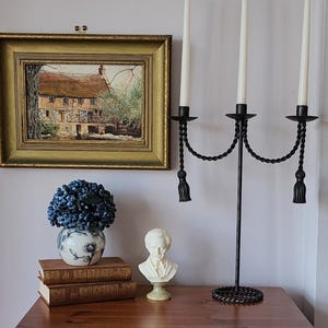 Vintage Italian Florentine Twisted Rope and Tassel Wrought Iron Candelabra
