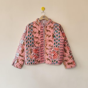 Pink Cotton Quilted Patchwork Jacket: Handmade Boho Vintage Style Coat