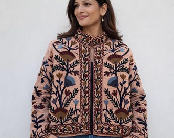 Handmade Floral Embroidered Cotton Jacket: Lightweight Boho Coat