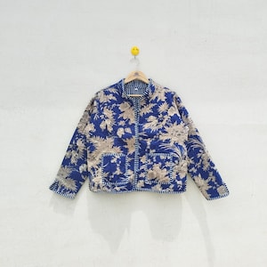 Blue Floral Cotton Quilted Jacket, Women's Boho Coat, Patchwork Lightweight, Gift for Her