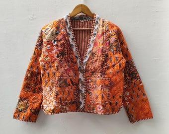 Pure Cotton Quilted Patchwork Jacket, Floral Print High Neck Handmade Outdoor blazer