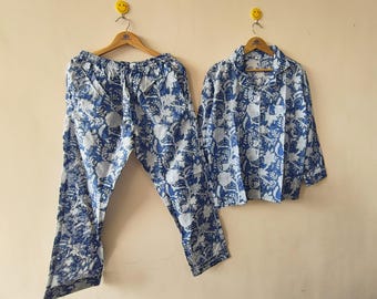 Conjunto de pijama de algodão feito à mão, pijama feminino, roupa de dormir macia e respirável, conjunto boho para relaxar, roupa de dormir de algodão indiano, pijama confortável, presente