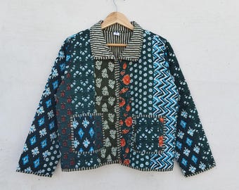 Handmade Reversible Quilted Cotton Jacket: Boho Block Print Floral Coat