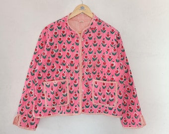 Handmade Cotton Quilted Jacket: Vintage Block Print Boho Coat