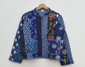 Chaqueta acolchada de algodón con estampado de bloques hecha a mano / Abrigo bohemio reversible