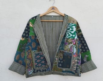 Handmade Block Print Quilted Cotton Jacket: UK Reversible Boho Coat