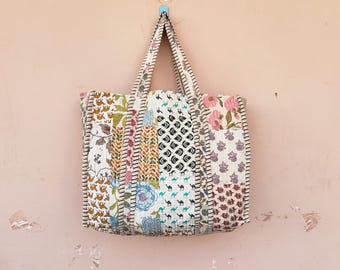 Floral Quilted Cotton Tote Bag | Handmade Travel Handbag