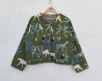 Handmade Green Cotton Quilted Jacket for Women | Boho Indian Block Print Jacket | Reversible Winter Coat | Ethnic Lightweight Outerwear