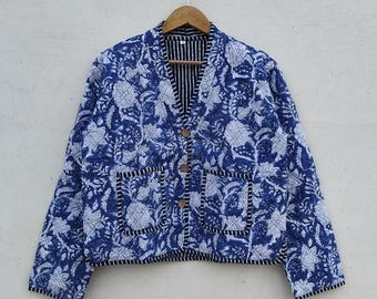Handmade Indian Cotton Quilted Jacket, Reversible Floral Block Print Coat
