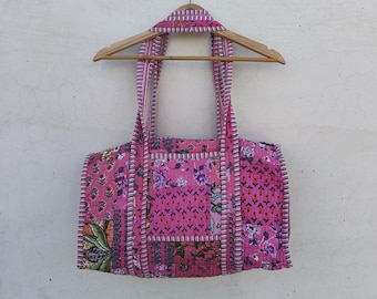 Handmade Cotton Quilted Duffel Bag: Floral Block Print Weekender