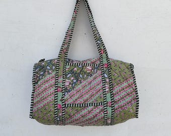 Handmade Indian Cotton Quilted Duffel Bag: Floral Travel Weekender