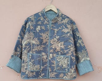Cotton Quilted Patchwork Jacket for Women, Handmade Reversible Boho Jacket, Floral Kantha Coat,Indian Block Print Jacket,Unique Gift for Her