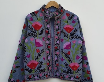 Hand Embroidered Floral Suzani Jacket: Boho Quilted Cotton Coat