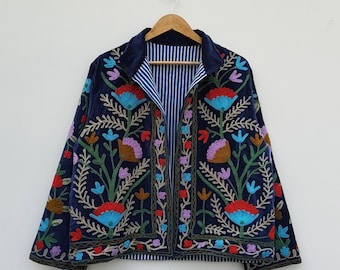 Indian Suzani Velvet Jacket: Embroidered Boho Cotton Coat