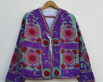 Handmade Cotton Suzani Jacket: Indian Floral Embroidered Short Coat,Gift For Het