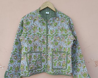 Floral Cotton Kantha Quilted Jacket: Reversible Boho Coat