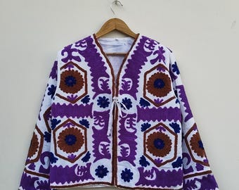 Handmade Suzani Embroidered Cotton Jacket: Boho Floral Coat