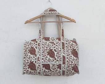 Handmade Quilted Cotton Duffel Bag: Indian Block Print Boho Travel Bag