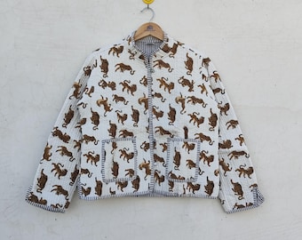 Handmade Indian Cotton Quilted Jacket: Tiger Block Print Boho Coat