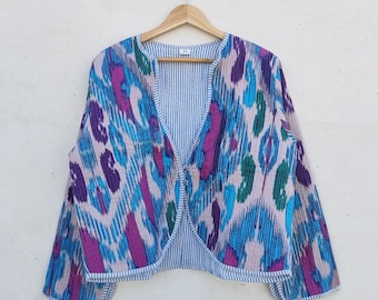 Handmade Cotton Quilted V-Neck Jacket | Indian Block Print Coat | Boho Reversible Cotton Jacket for Women | Winter Quilted Outerwear