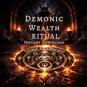 Może przedstawiać: Cyfrowe dzieło sztuki z tekstem "DEMONIC WEALTH RITUAL INSTANT DOWNLOAD". Obraz przedstawia płomienny, okrągły emblemat z symbolami, mroczną postać i pochodnie w gotyckiej scenerii. Ogólnym tematem jest okultyzm i rytuał.