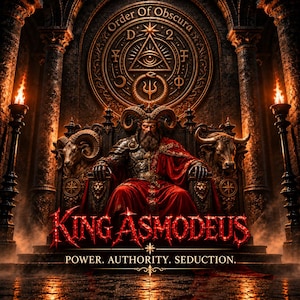 May include: A digital illustration of a horned figure in dark armor and a red robe seated on a throne. Above is a circular emblem with the text Order Of Obscura. Below the figure is the text KING ASMODEUS and POWER. AUTHORITY. SEDUCTION.