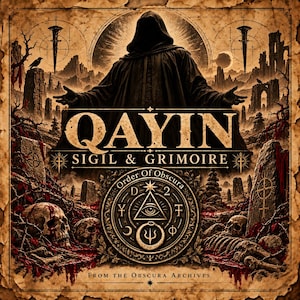 Puede incluir: Una ilustración oscura en tonos sepia que muestra una figura encapuchada con los brazos extendidos sobre el texto QAYIN SIGIL & GRIMOIRE. Debajo, un emblema circular muestra un ojo dentro de un triángulo, rodeado de símbolos, cráneos y restos óseos.
