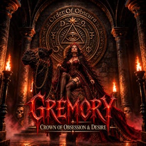 May include: A dark fantasy illustration featuring a figure in red attire riding a black camel. The text reads Order Of Obscura, GREMORY, and CROWN OF OBSESSION & DESIRE. The scene includes stone pillars, flaming torches, and a large circular emblem.