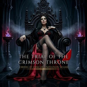 May include: A woman in a black gown and crown sits on a gothic throne. The image features the text "THE TRIAL OF THE CRIMSON THRONE" and "ORDER OF OBSCURA INITIATION NO:002". The scene is dark with red and purple accents.