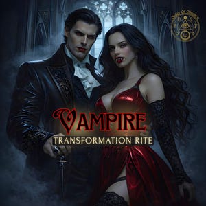 May include: Digital artwork depicting a man and woman in vampire attire. The woman is in a red dress, the man in a black coat. The word "VAMPIRE" is in red script, with "TRANSFORMATION RITE" below. The image has a gothic theme.