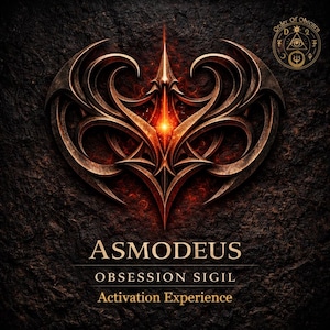 Może przedstawiać: Szczegółowy, metaliczny wzór sigila w kształcie serca, z misternymi wzorami i centralnym, świecącym rdzeniem. Tekst "ASMODEUS", "OBSESSION SIGIL" i "Activation Experience" jest wyświetlany poniżej. Obraz ma ciemne, teksturowane tło.
