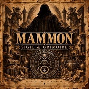 Puede incluir: Una ilustración en tono sepia titulada MAMMON SIGIL & GRIMOIRE FROM THE OBSCURA ARCHIVES que muestra una figura encapuchada, dos criaturas con cuernos, montones de monedas de oro, cofres del tesoro y un emblema circular con un ojo.