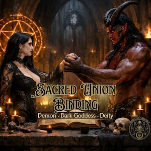 May include: A digital artwork shows a woman in a black lace dress and a horned demon holding hands. The text "Sacred Union Binding" is displayed, along with "Demon, Dark Goddess, Deity". The scene is set in a gothic environment.
