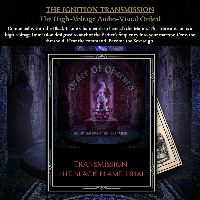 Occult initiation kit including the Guidebook of the First Ordeal, Master Sigil, and personalized audio-visual ritual transmission.