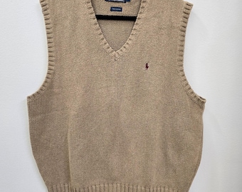 Polo Ralph Lauren Mens XL Tan Khaki Cotton V-Neck Knit Sweater Vest Pony Logo
